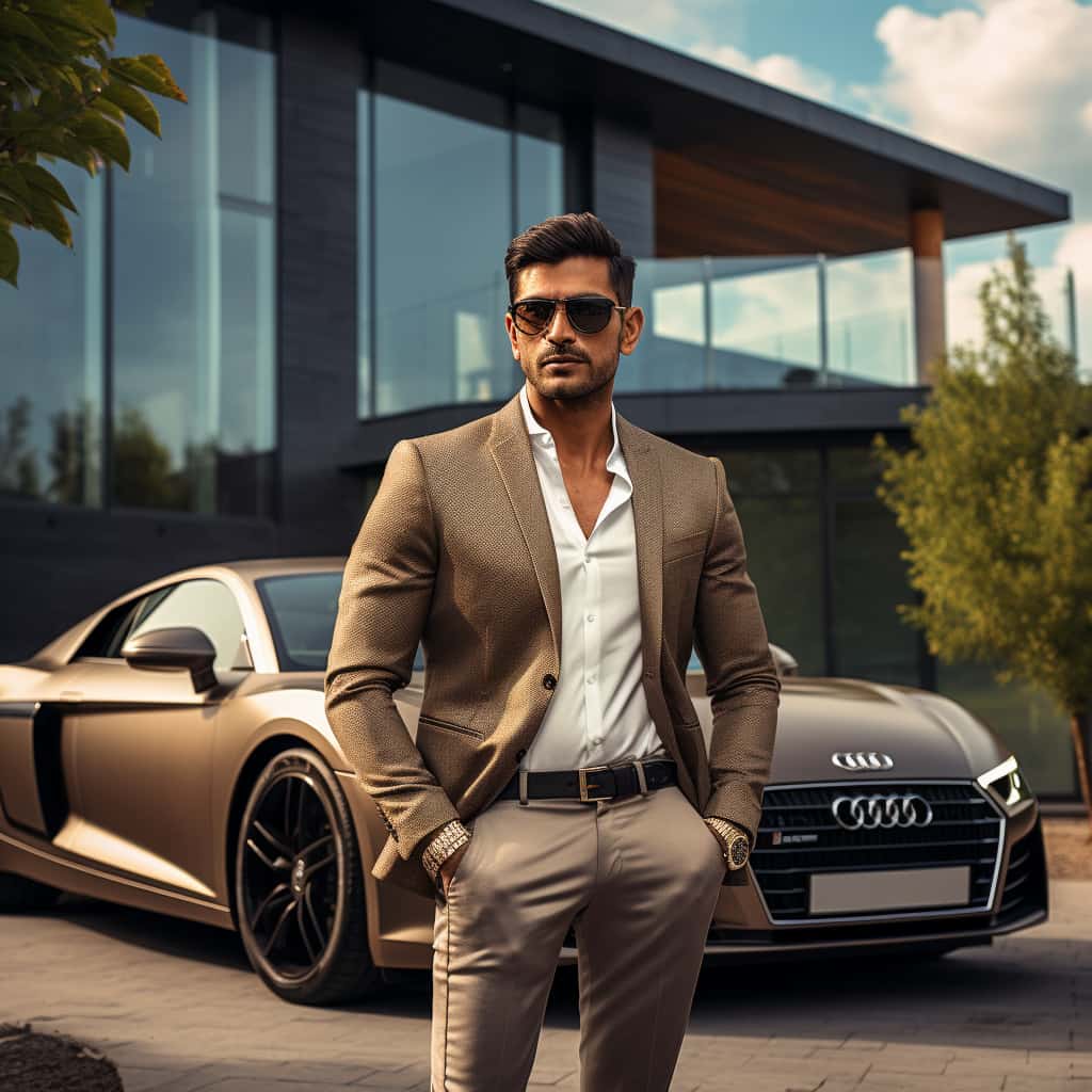 Man in stylish clothes and sunglasses next to an Audi EV.