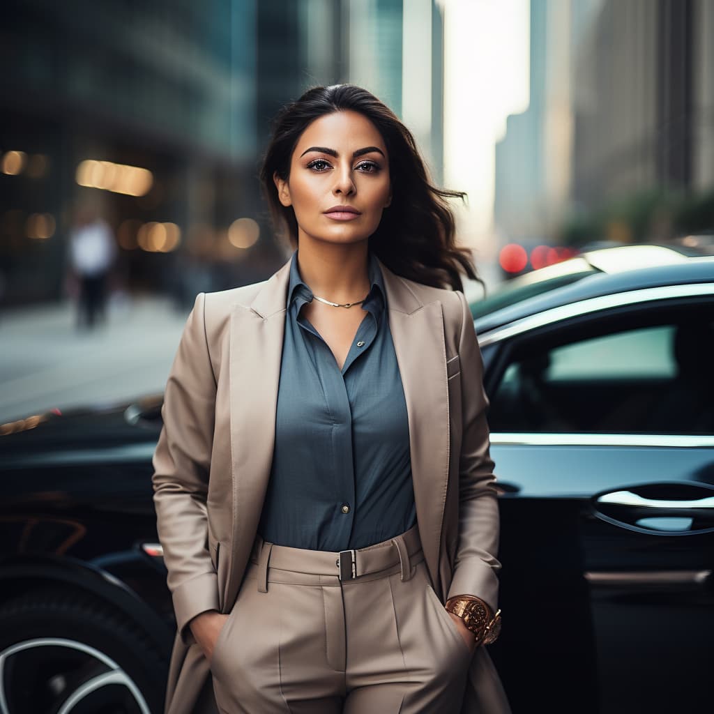 BMW i4 owner in a business suit standing in front of her vehicle