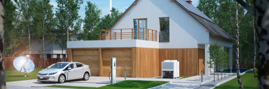 A home with heatpump, solar panels and EV illustrating V2G technology.