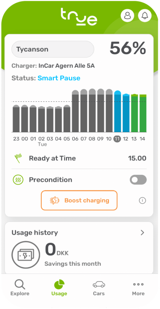 The True Energy App with EV charging information displayed.