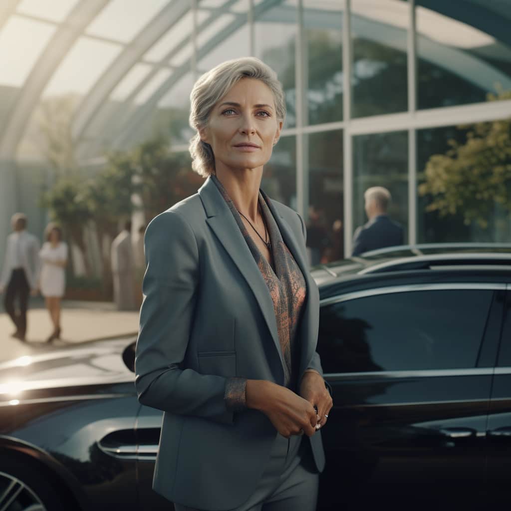 Owner of a Mercedes EV standing in front of her car, wearing a business suit.