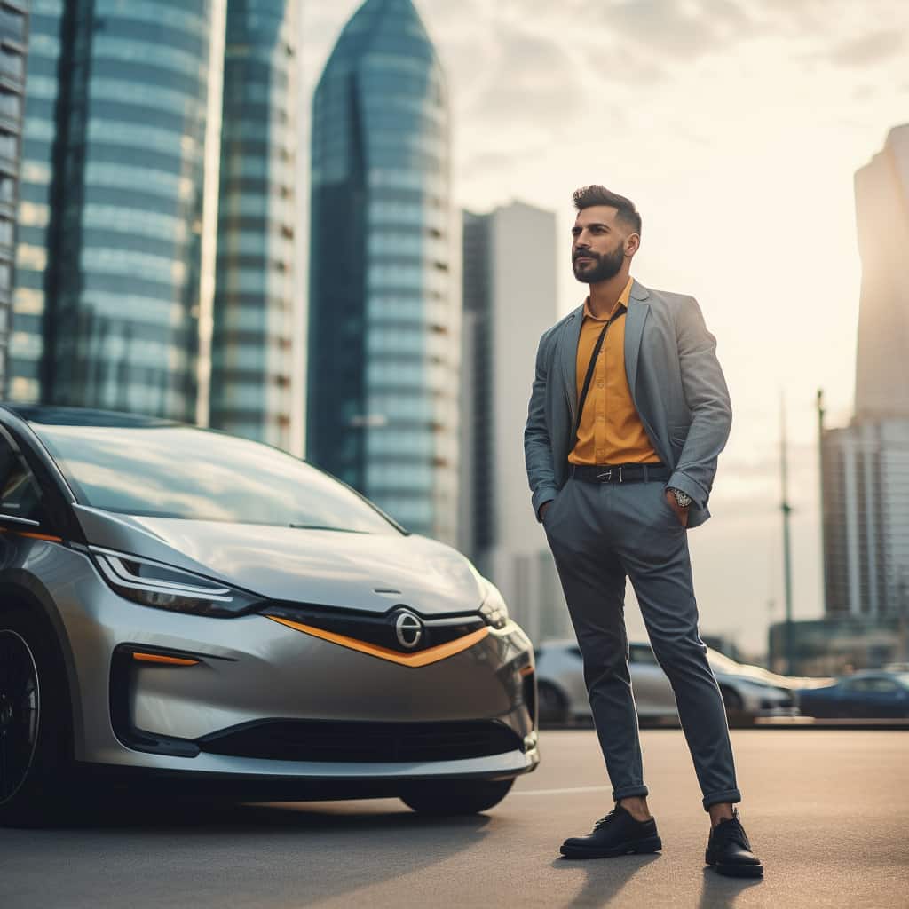 EV Opel owner in yeloow shirt and suit standing next to an electric vehicle.