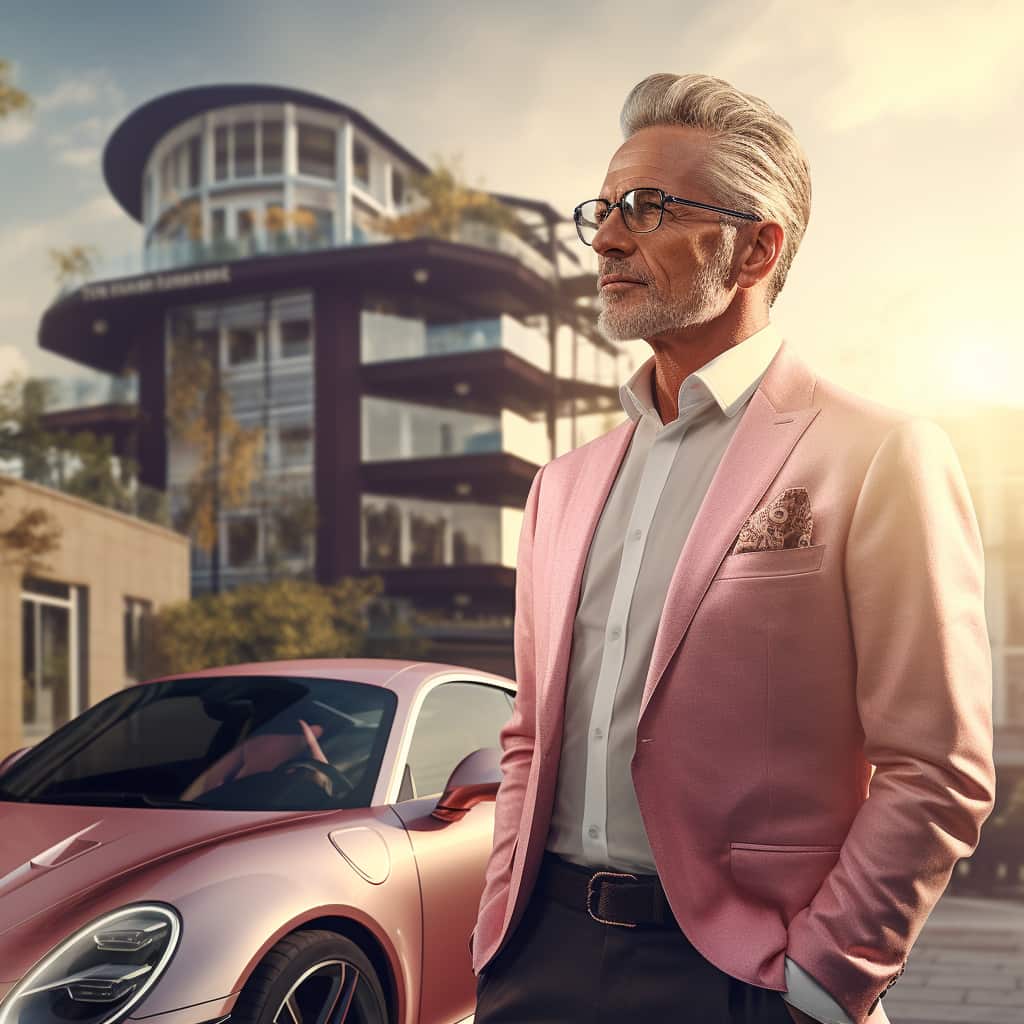 Pink Porsche EV with elderly man in pink suit jacket standing next to it.