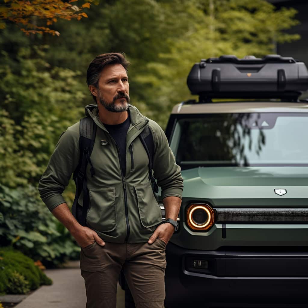 Outdoors-dressed man hiking and a Rivian EV in the background.
