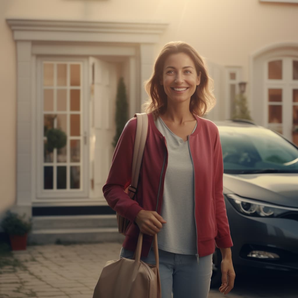 Skoda EV next to a woman wearing a red cardigan and carrying a bronw bag.