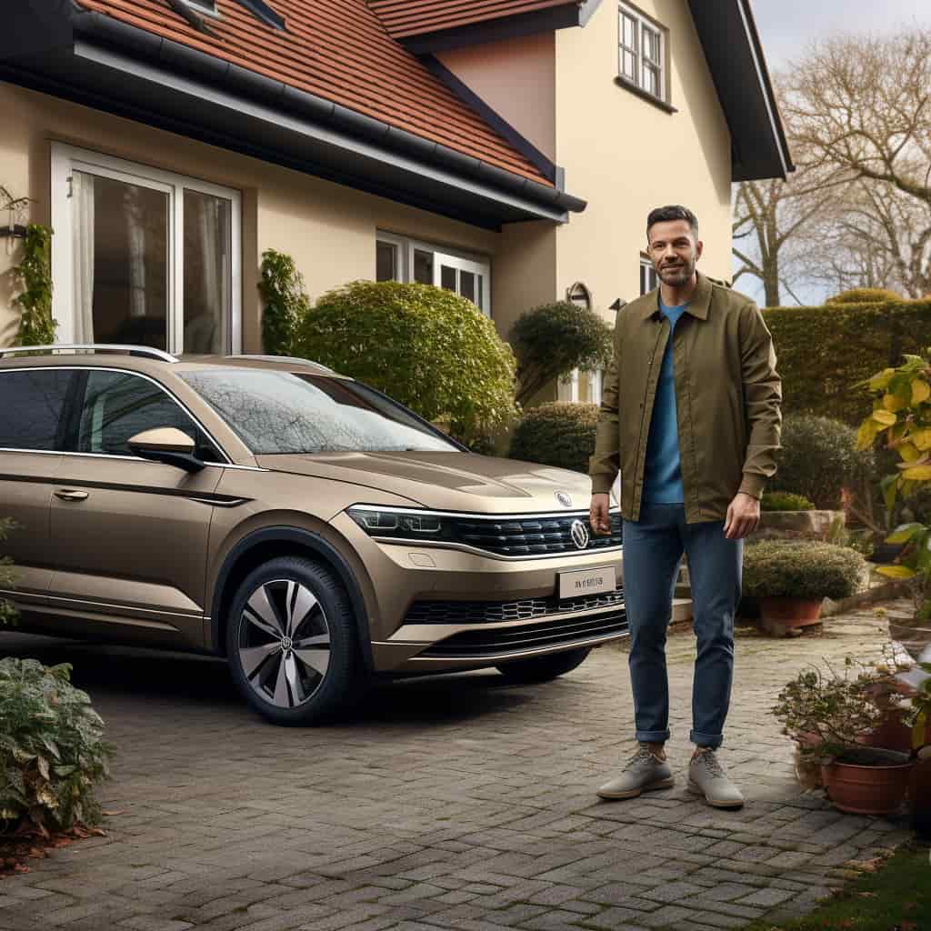Middle-aged man in brown jacket and jeans next to a Skoda Enyaq EV.