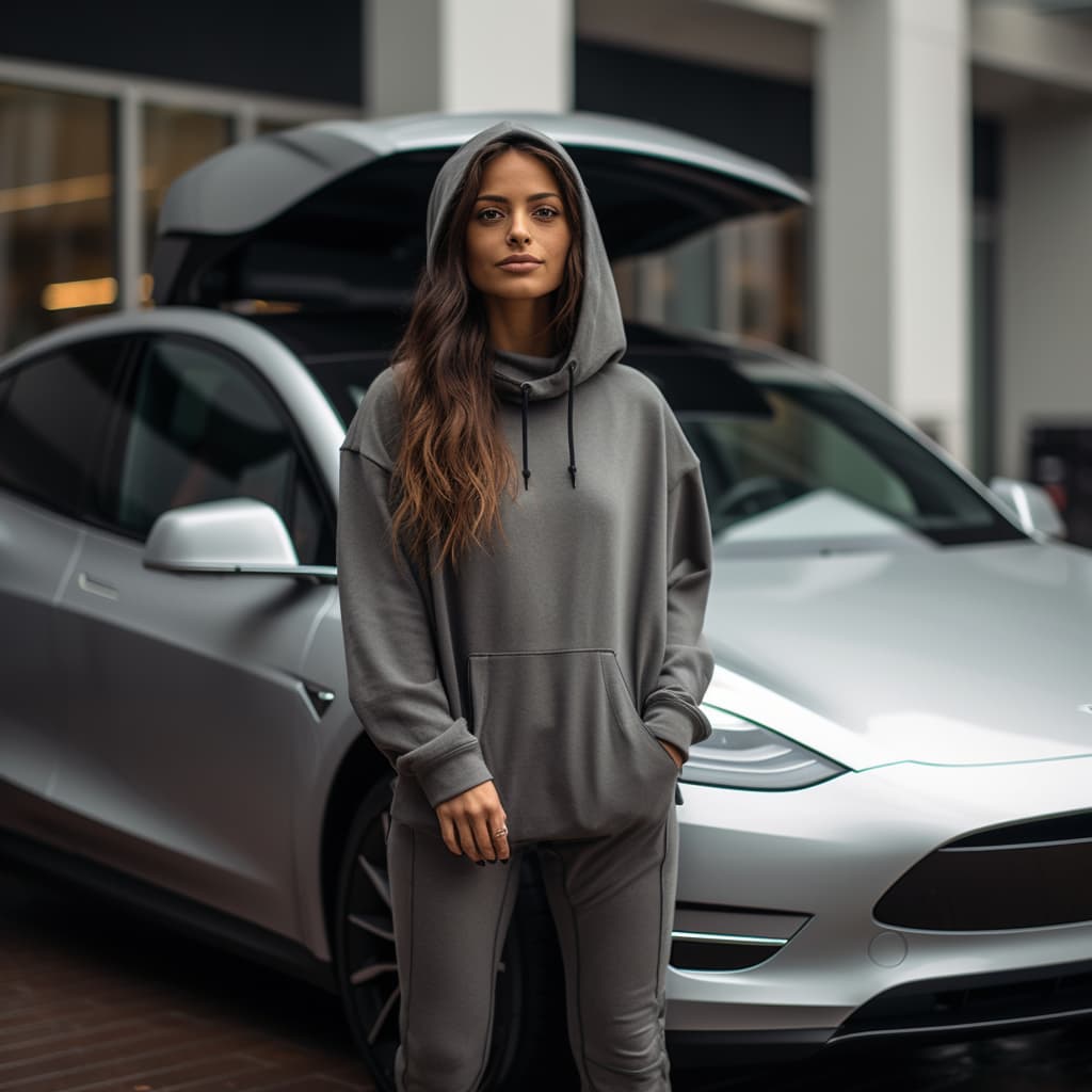 Tesla 3 owner wearing a hoodie standing in front of her vehicle.