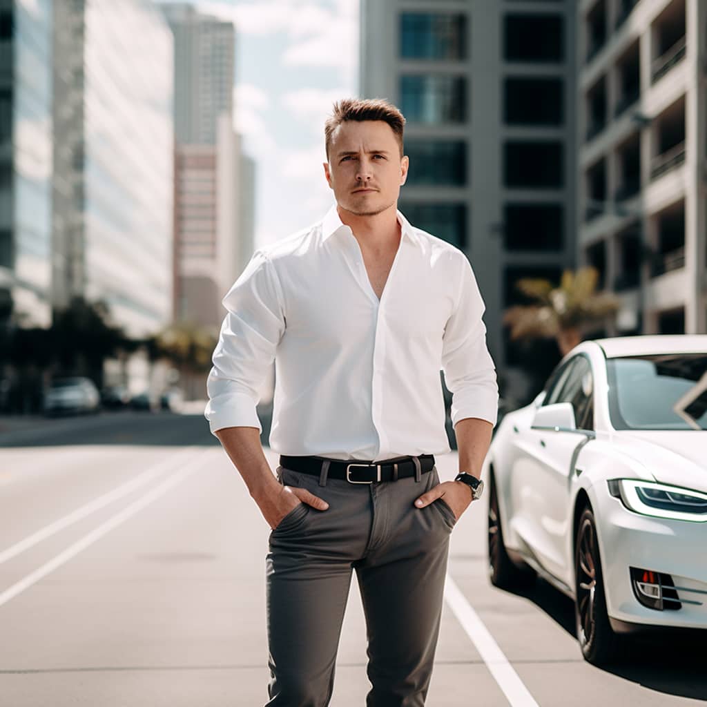 Tesla Model Y owner in white shirt standing next to his vehicle.