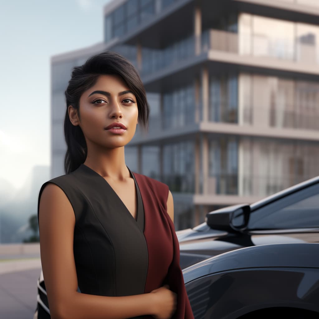 Indian woman standing next to a Tesla.