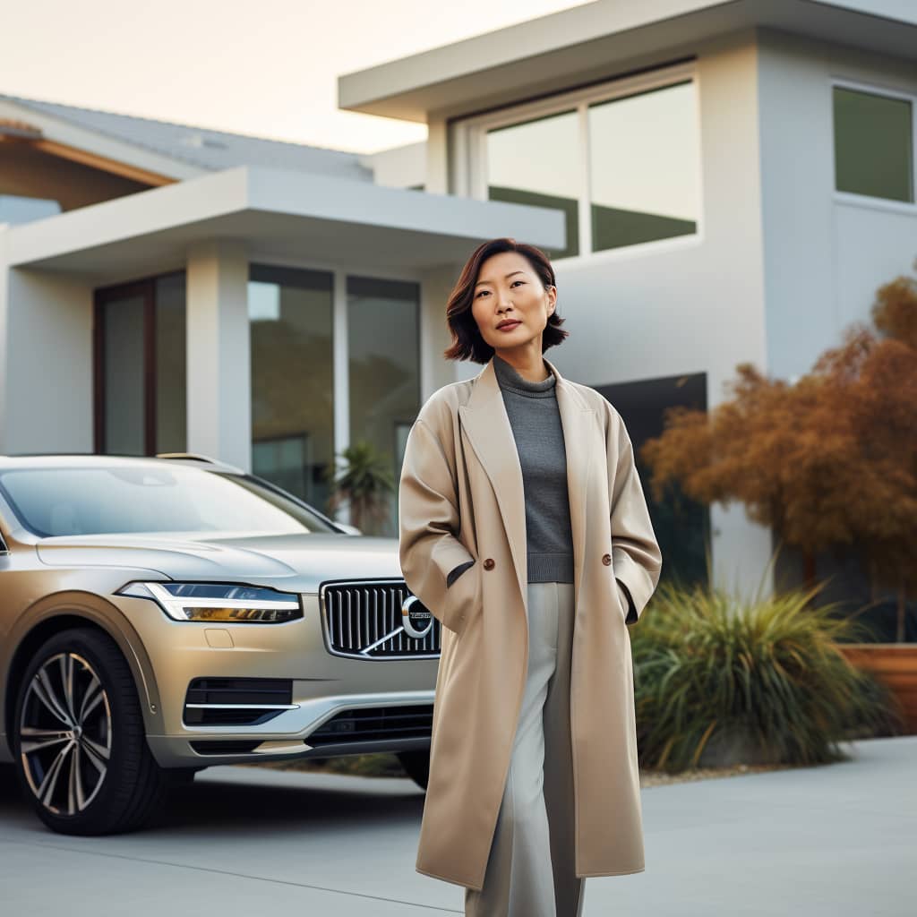 Volvo EV owner outsite a stylish modern house