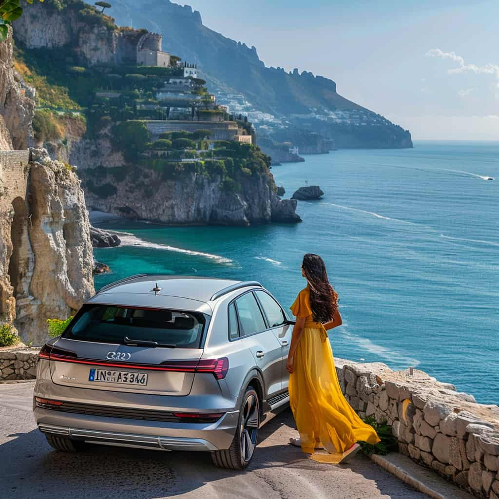 Woman standing next to her Audi EV looking out over the Italian coastline.