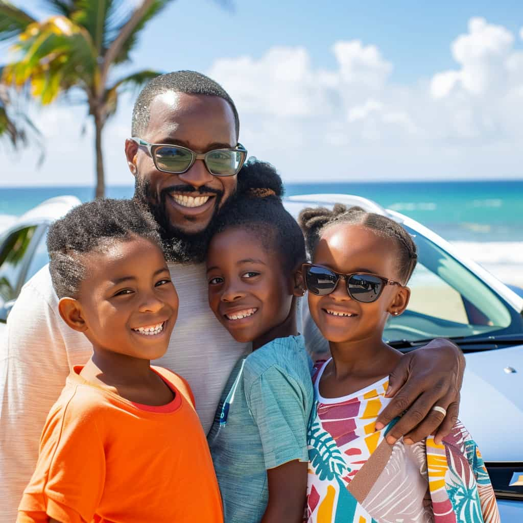 Family enjoying their summer holiday with a Chevrolet electric vehicle at the beach.