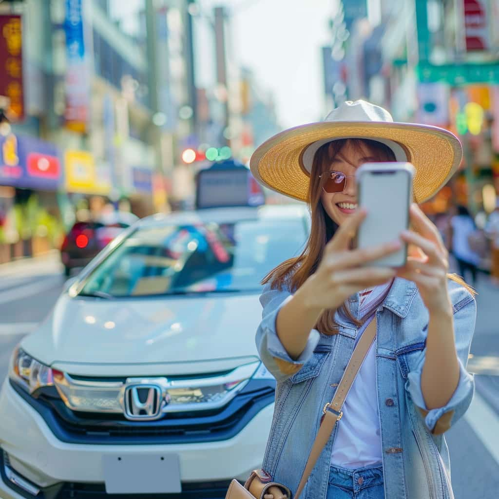 EV owner taking a selfie with their Honda EV on a city summer holiday trip