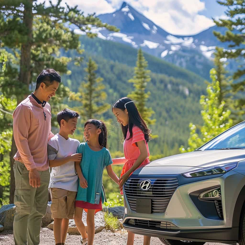 Family summer vacation at a mountain resort with a Hyundai EV.