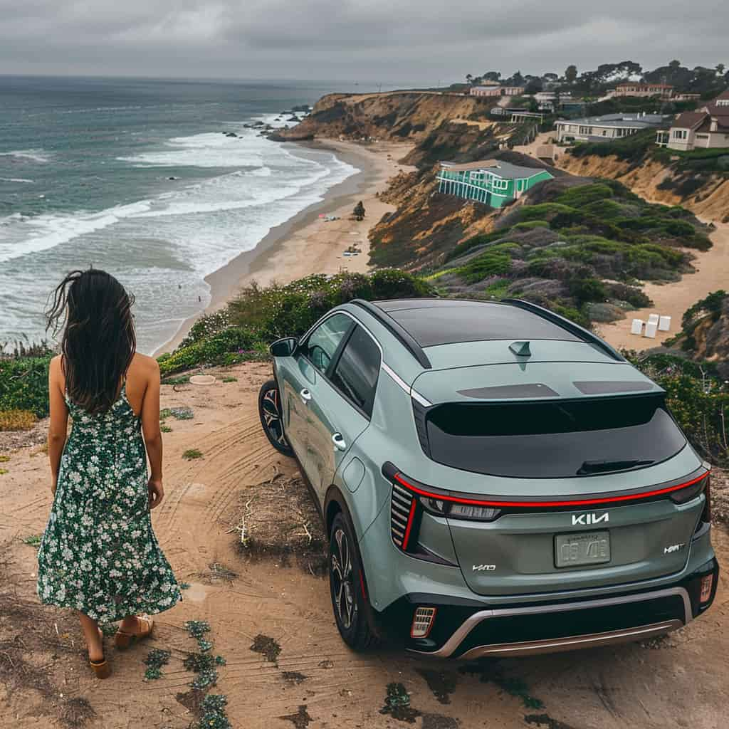 Woman stnading next to her KIA electric car and looking out over a beach.