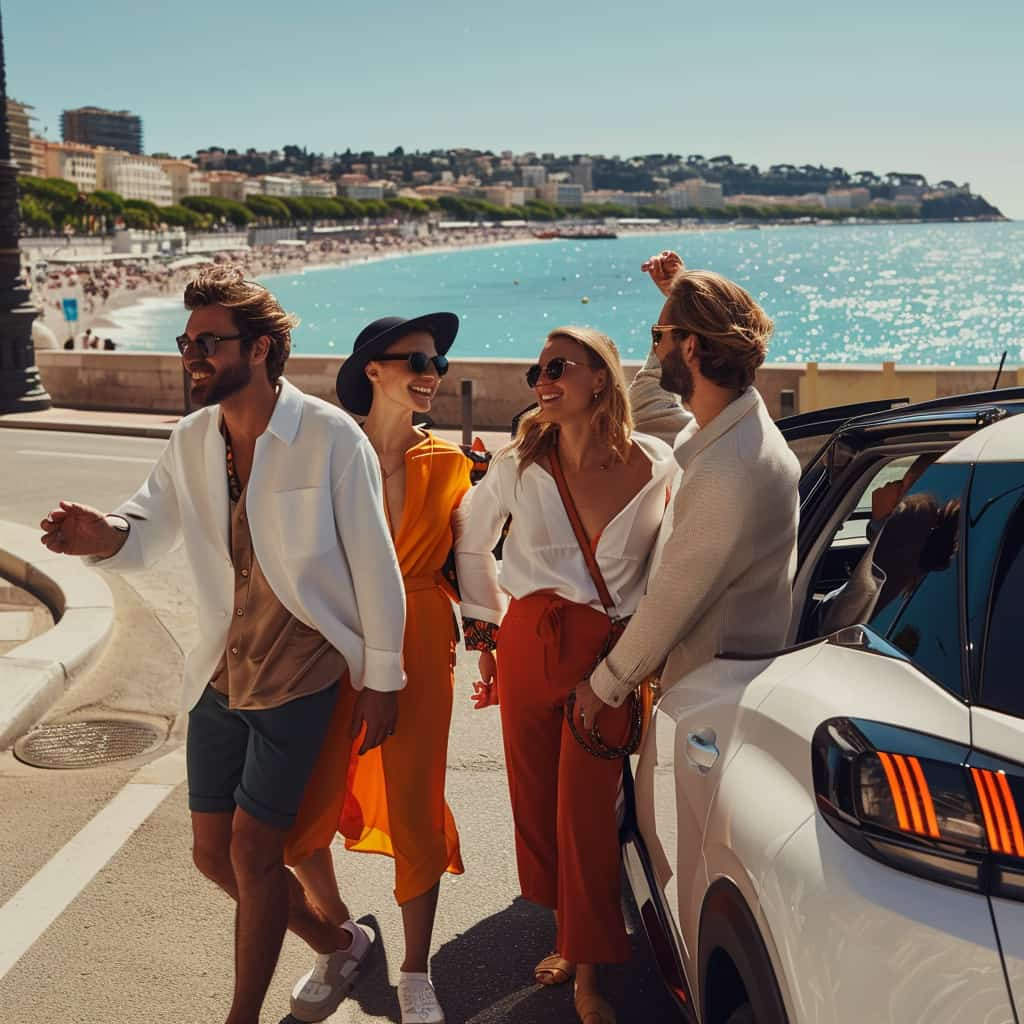 Group of friends visiting a summer beach in their Peugeot EV.