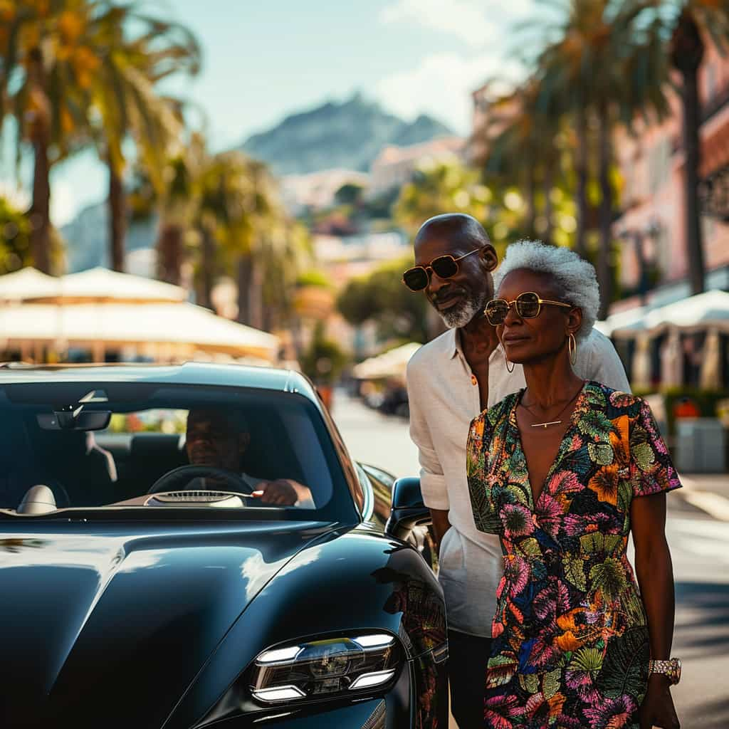 Stylish couple next to their Porsche EV parked on the French Riviera.