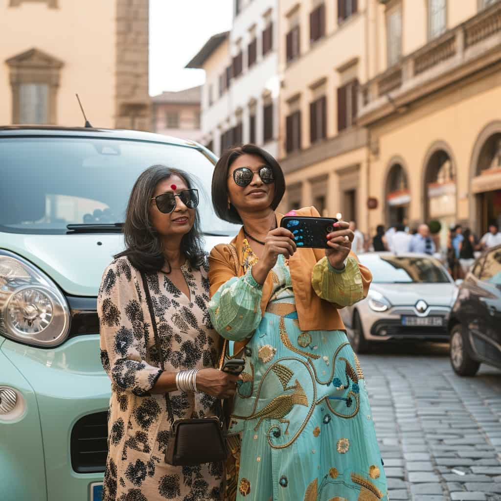 A couple of ladies taking a selfie in front of their Renault EV on a street in Italy.