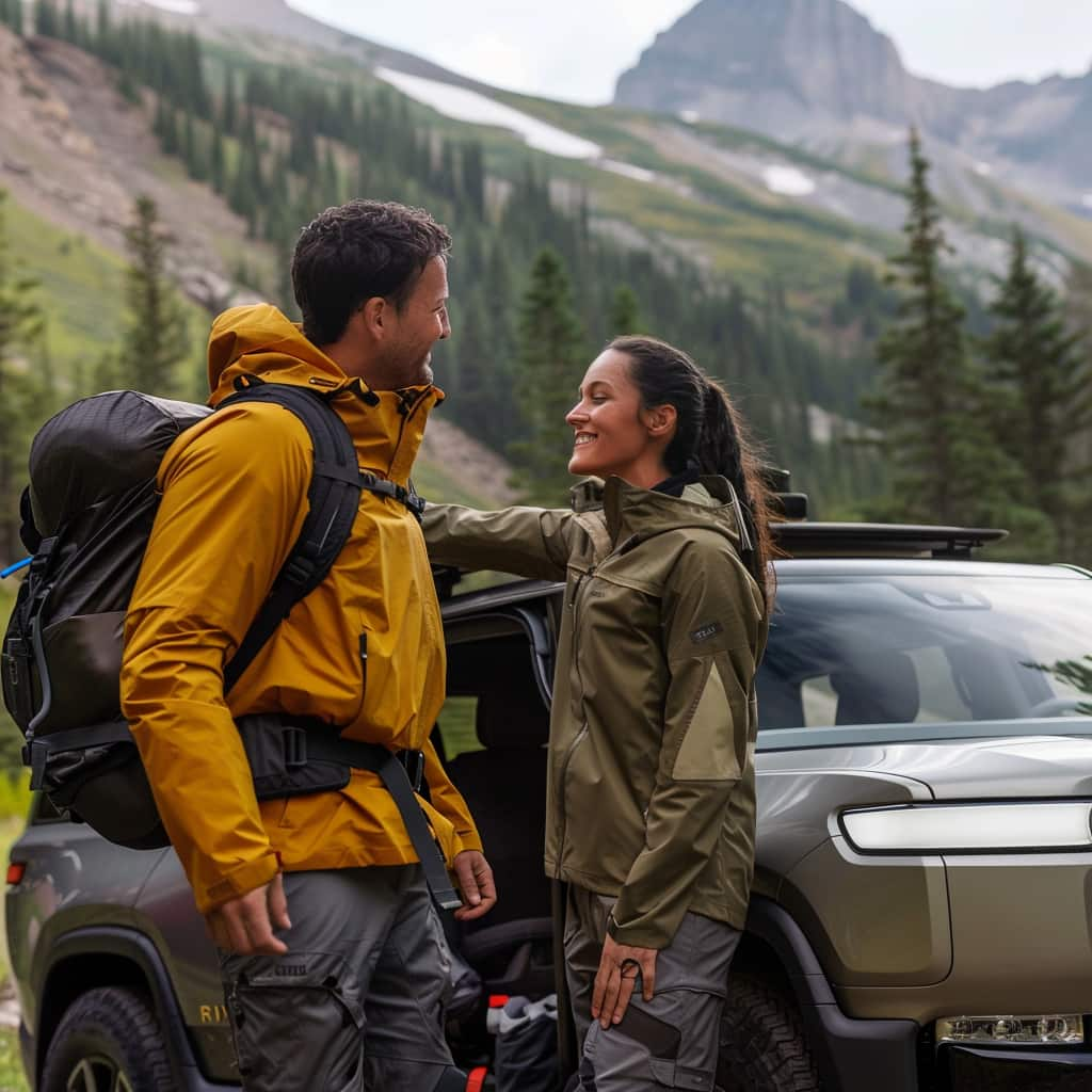 Couple on a summer holiday camping trip with their Rivian electric car.