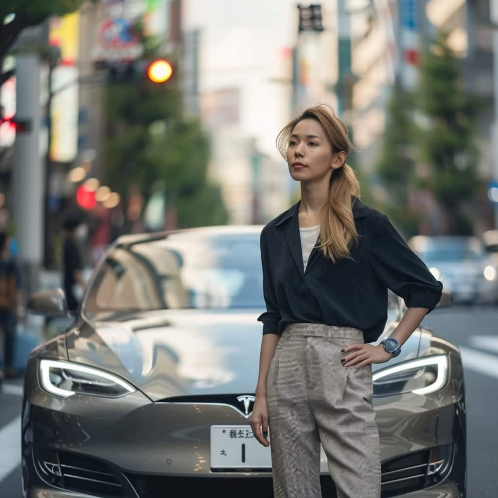 Solo traveler enjoying street atmosphere on a summer city break with their electric car.